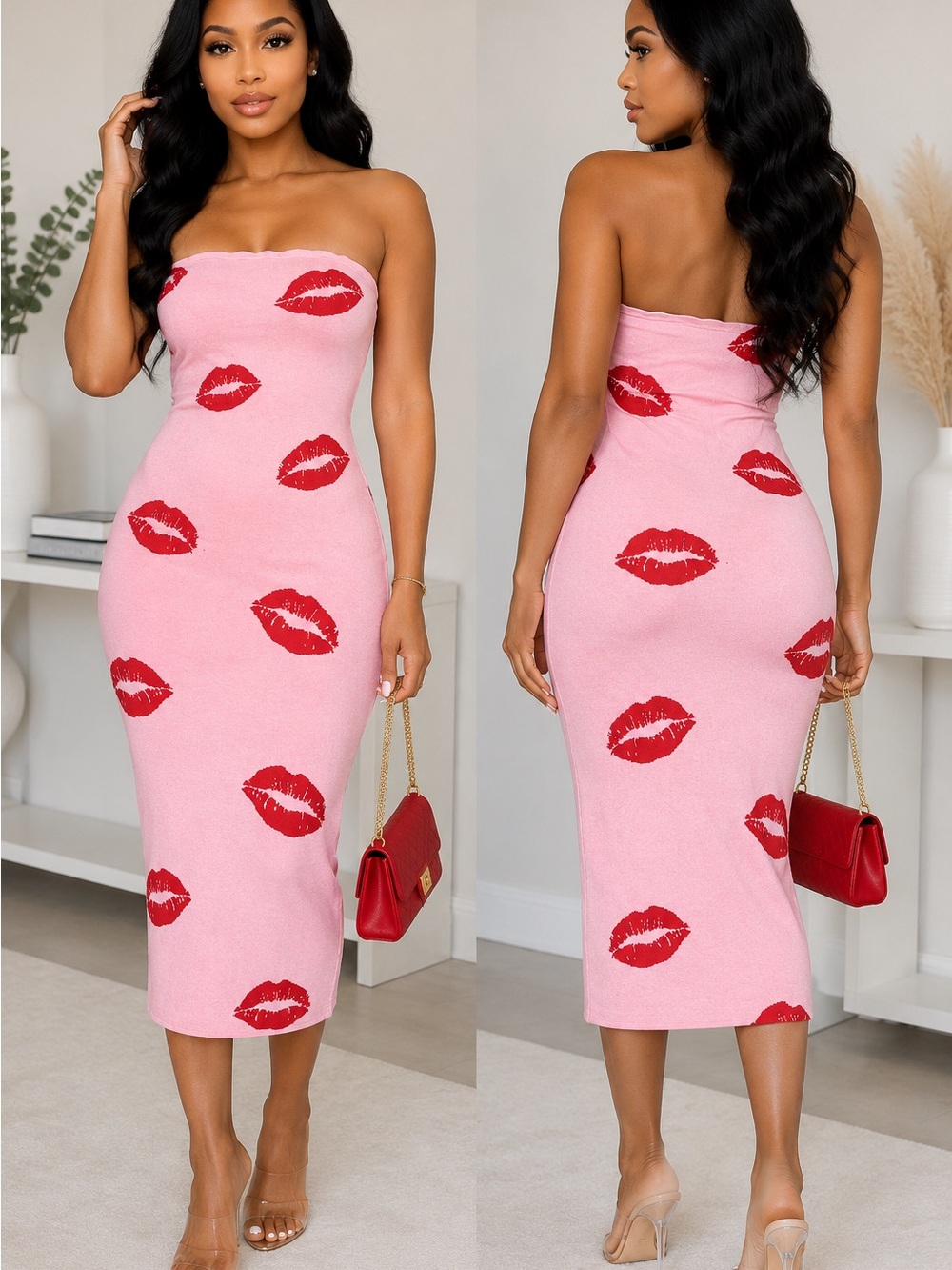 Steve Madden Pink Strapless Midi Dress with Red Lip Print